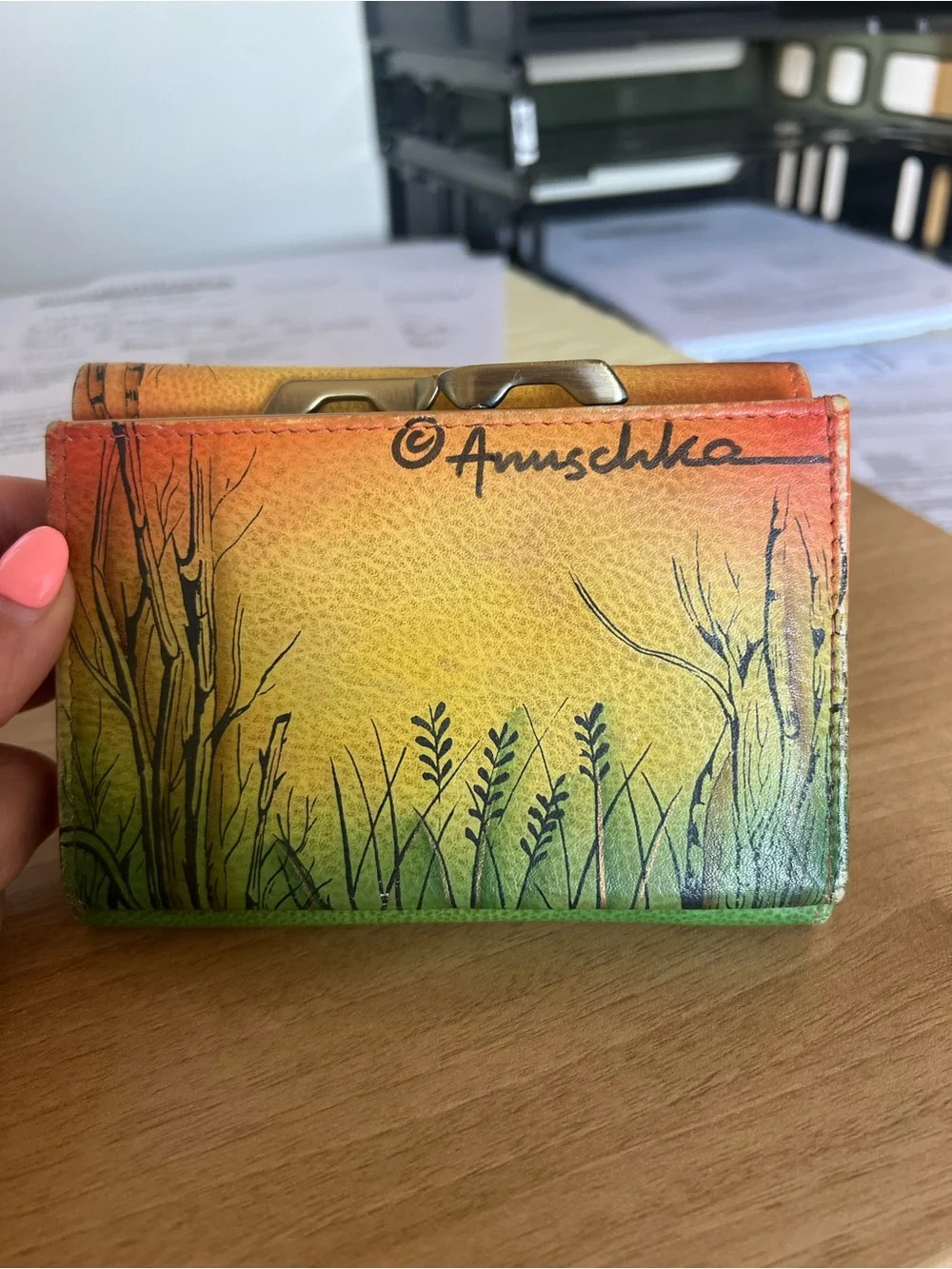 Anuschka Hand-Painted Leather Wallet - Yellow, Orange, Green NEW